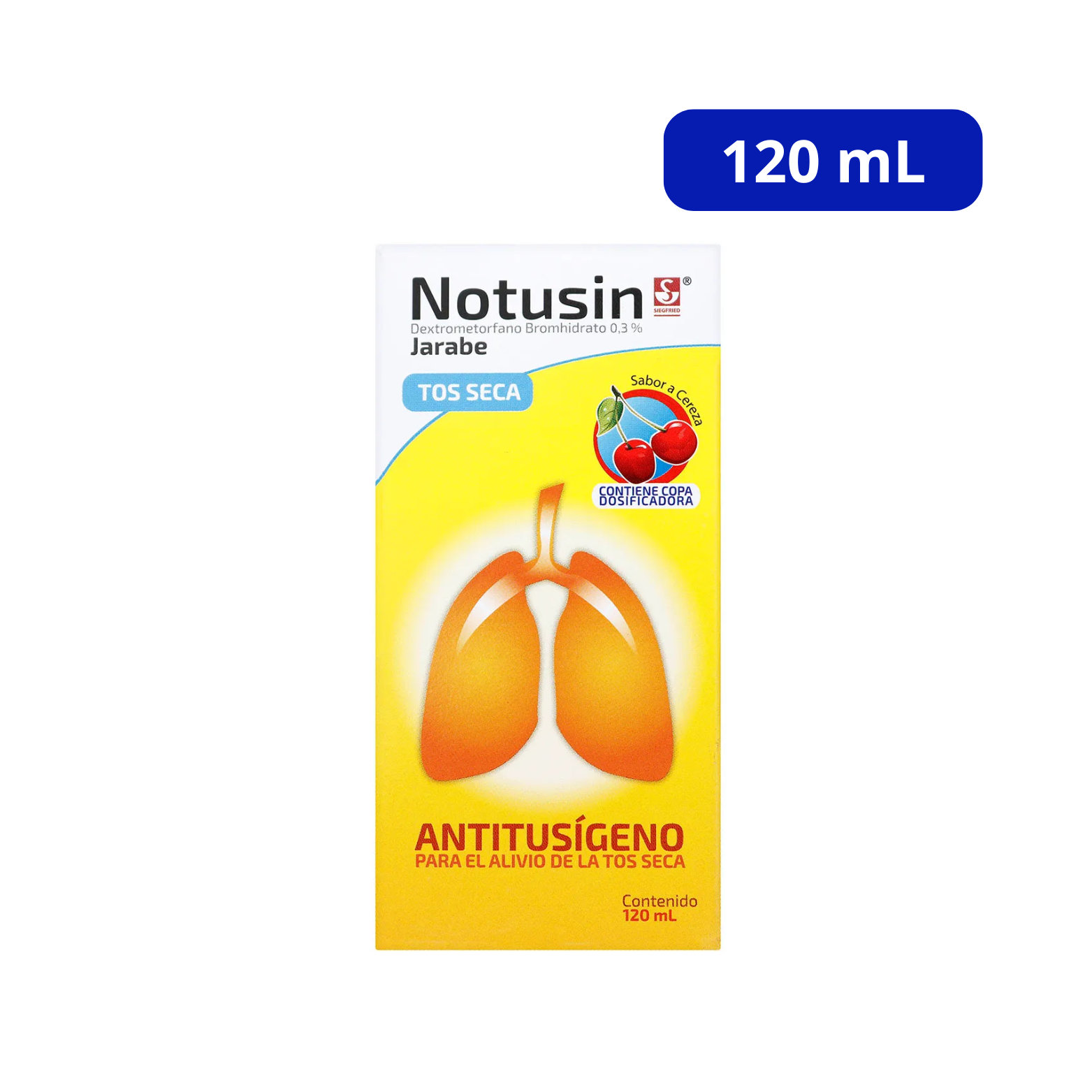 NOTUSIN SIEGFRIED TOS SECA 0.3% ADULTO CEREZA JRB FCO X 120ML DEXTROMETORFANO GUAIFENESINA NORAVER GARGANTA TQ NARANJA MIEL CJA X 96TAB - Imagen 1